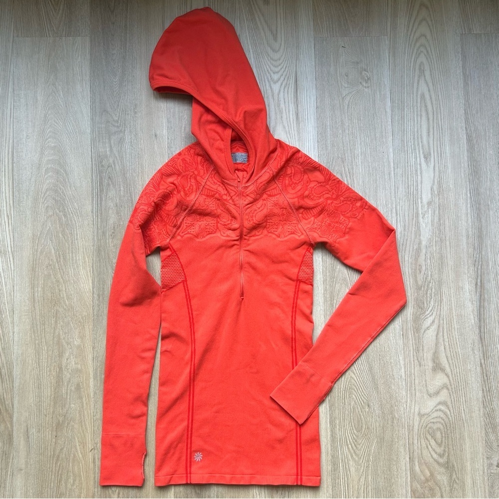 Athleta Orange 1/4 Zip Floral Longsleeve Pullover Hood Thumbholes